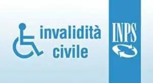 Simbolo della disabilità e logo INPS con scritta "invalidità civile" su sfondo azzurro.